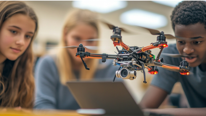 Students gathered around a hovering drone in a classroom