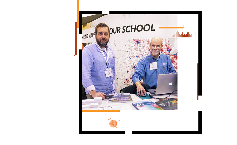An orange-tinted photo of a conference staffer helping an attendee register, and a photo of two Esri staffers in light blue collared shirts and conference lanyards standing in an exhibit booth