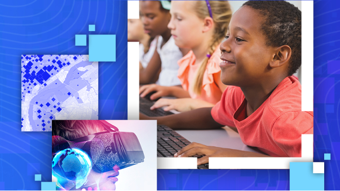 A row of children smiling as they use a classroom computer lab, overlaid with a small map and a graphic of a child using virtual reality goggles
