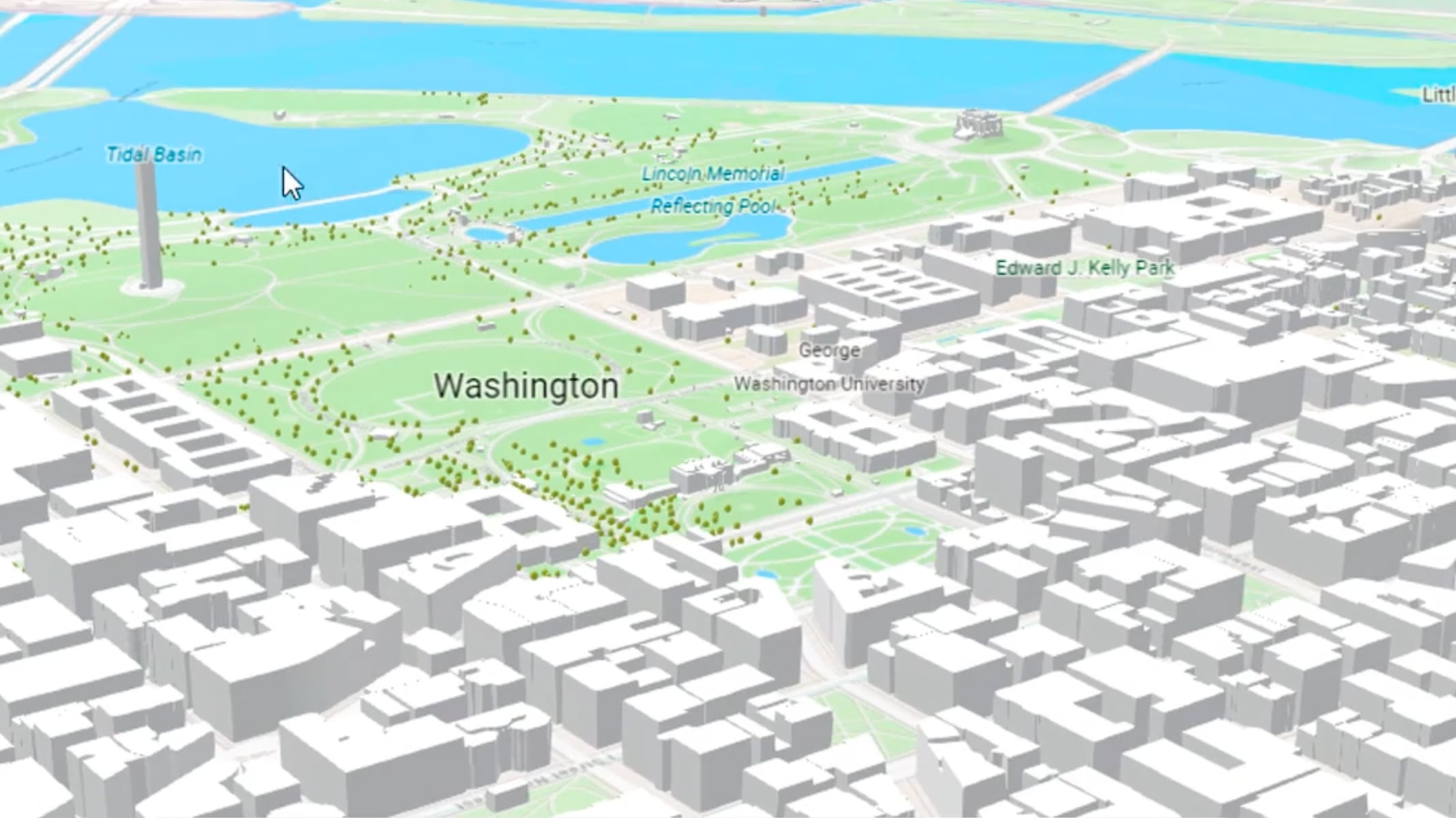 A 3D city map with park space and nearby rivers shaded green and blue