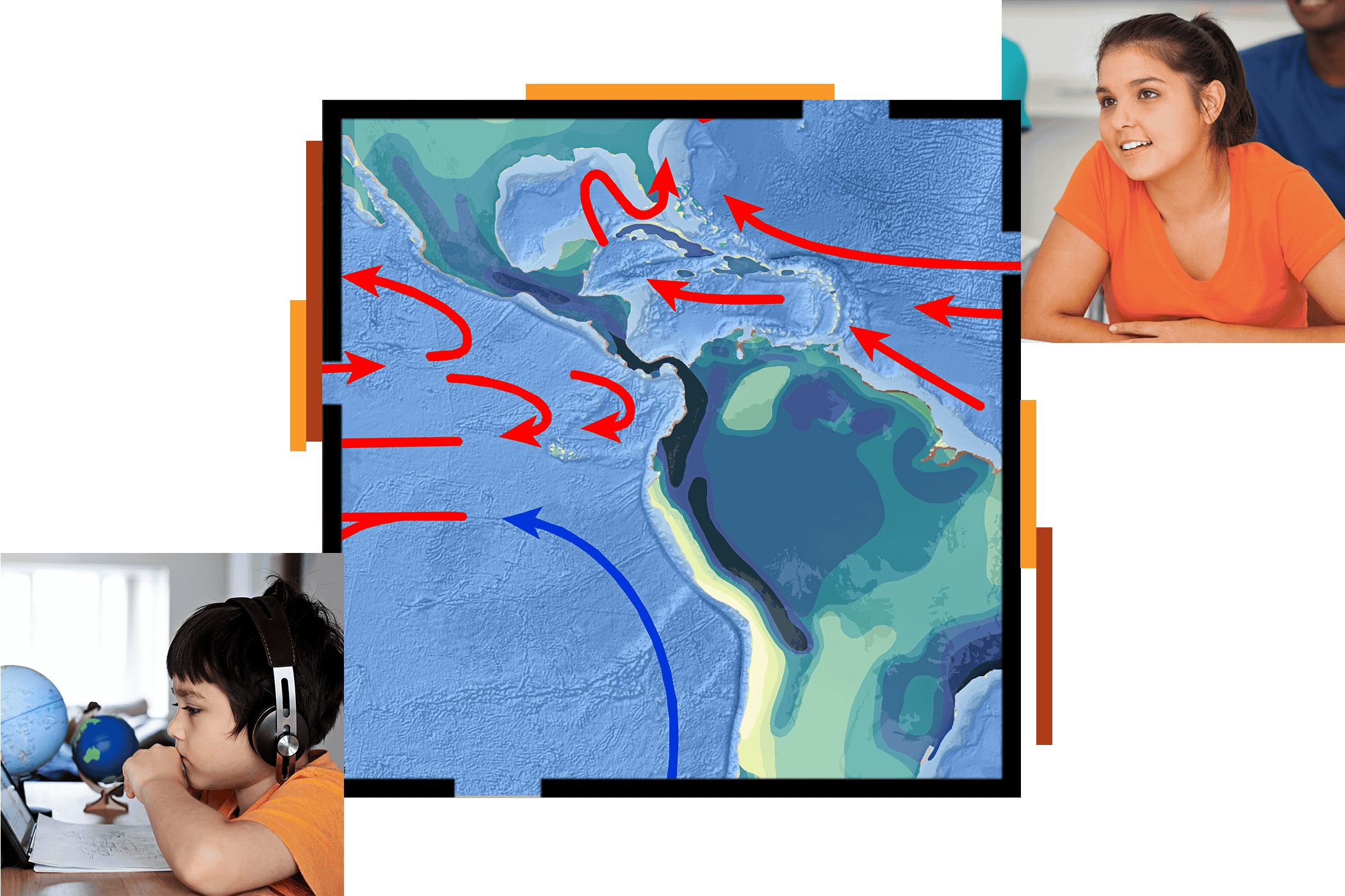 An elevation map of an island in blue and green overlaid with red and blue arrows marking currents, with two small photos of students in classroom settings