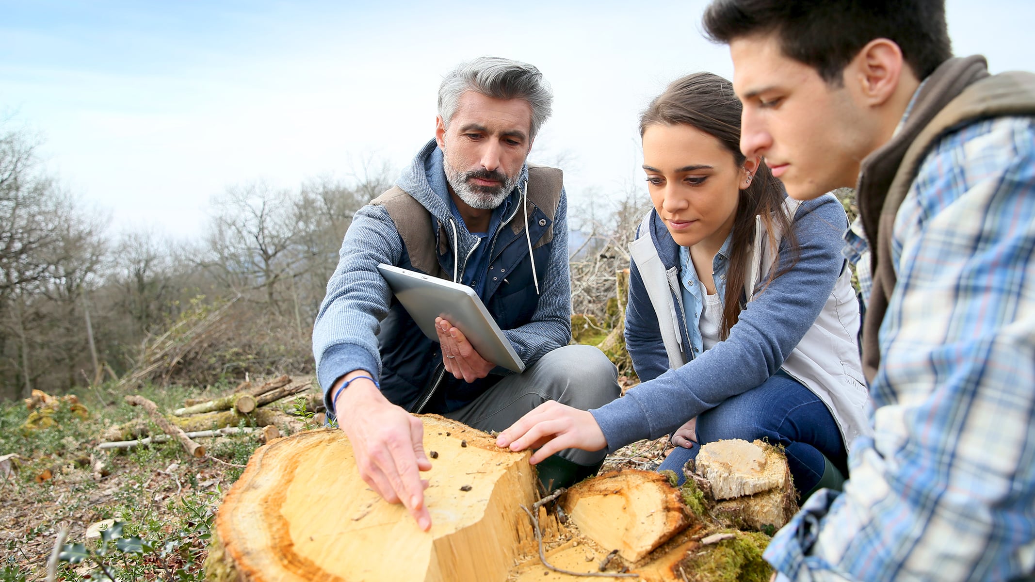 Due studenti adolescenti che esaminano un ceppo di albero in una foresta mentre un insegnante parla e tiene in mano un tablet