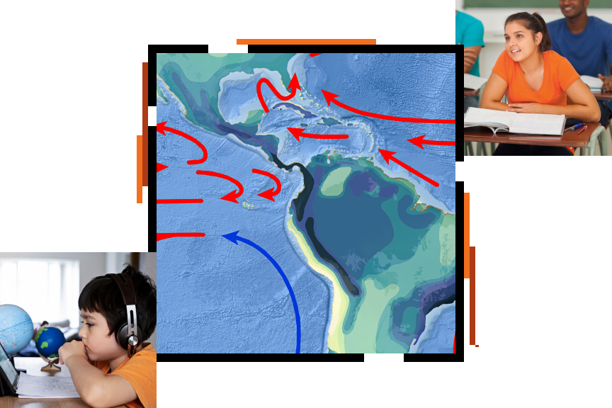 An elevation map of an island in blue and green overlaid with red and blue arrows marking currents, with two small photos of students in classroom settings