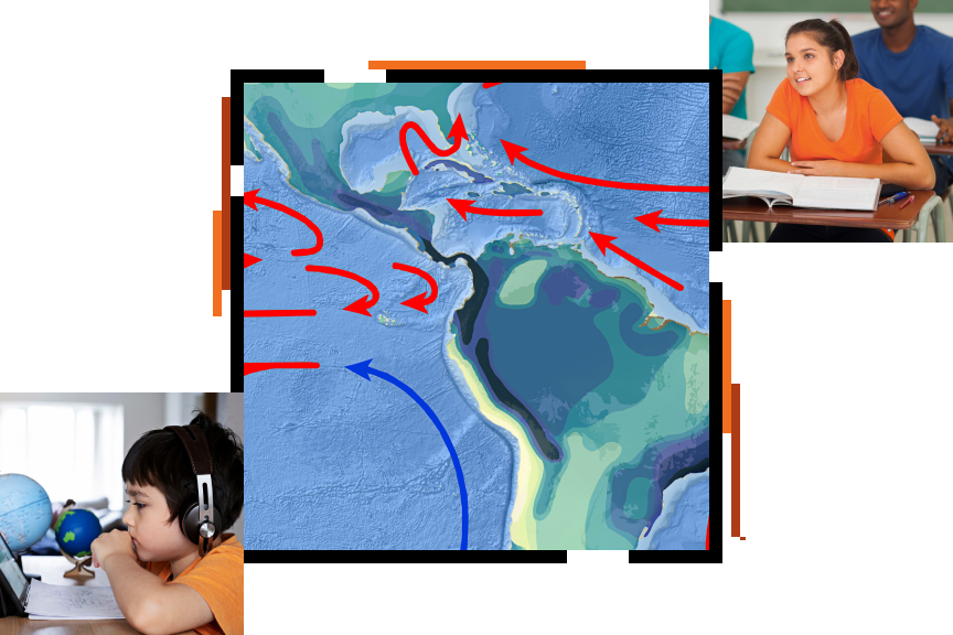 Un mapa de elevación de una isla en azul y verde superpuesto con flechas rojas y azules que marcan las corrientes, con dos fotografías pequeñas de estudiantes en el aula