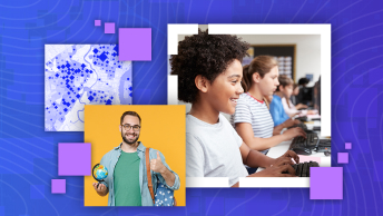 Composite image with a row of students using a school computer lab, a smiling person holding a small globe, and a blue concentration map on an abstract blue background