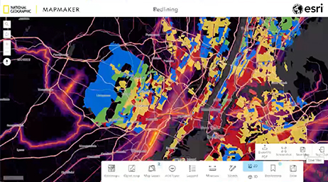 Capture d’écran de National Geographic MapMaker avec une carte de l’agglomération de New York ombrée de différentes couleurs 