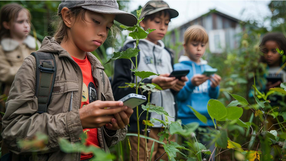 Bambini che usano dispositivi mobili in mezzo al fogliame verde
