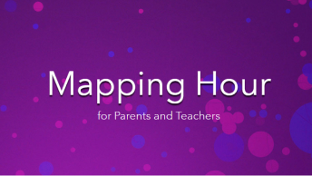 The title “Mapping Hour for Parent and Teachers” in white letters on a purple background with scattered blue and pink spheres