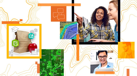 A graphic image with two photos of smiling college students, one image of a sack lunch and apple, and four square-bordered abstract colorful images, all on a white abstract background with swirling orange lines