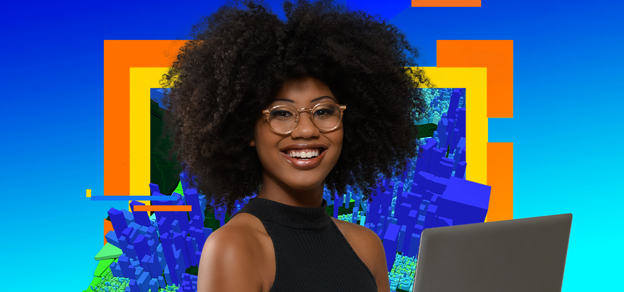 A person smiling and using a laptop overlaid on a graphic background featuring 3D building models
