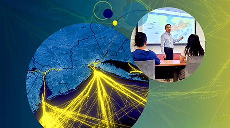 A collage with images of a map highlighting sea lanes and a person standing in front of a projector screen in a classroom overlaid on a map