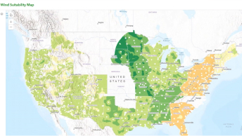 Um mapa azul claro e branco dos EUA coberto de pontos agrupados com regiões sombreadas em verde claro e escuro e laranja