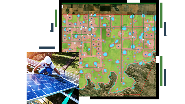 A land map with grass, dirt, and water areas indicated, and a solar worker installing solar panels
