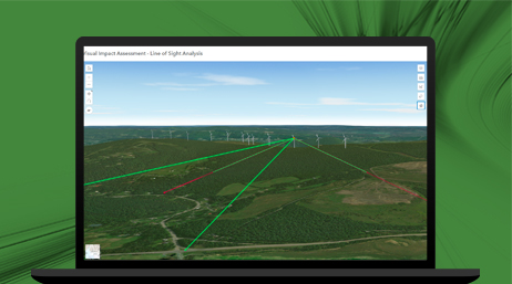 A laptop computer displaying an 3D visual analysis of wind turbines from a distance