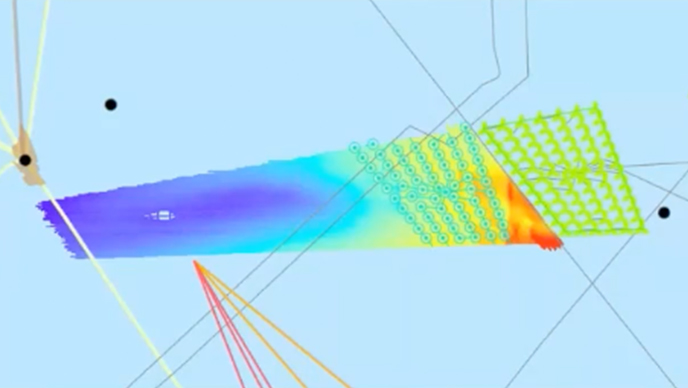 A bathymetric map showing multibeam sonar coverage with color gradient indicating depth changes overlaid with a play button