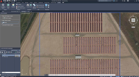 An aerial image of a solar farm and a sidebar of the software tools with a dark background