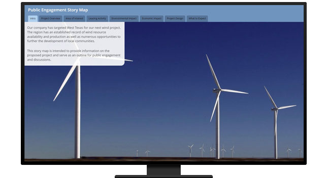 A desktop computer displaying a public engagement story map about a wind farm company targeting West Texas as the next project region