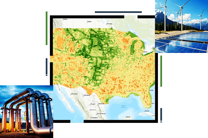 Un mapa verde y amarillo de Estados Unidos, un parque eólico y solar, y tres oleoductos elevados