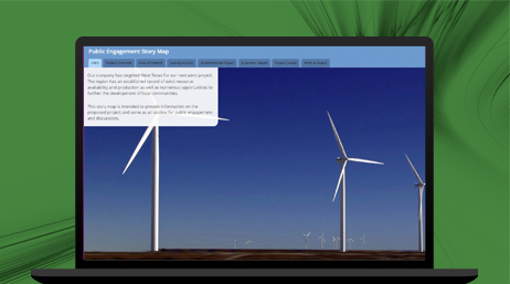 A laptop computer displaying a public engagement story map about a wind farm company targeting West Texas as the next project region