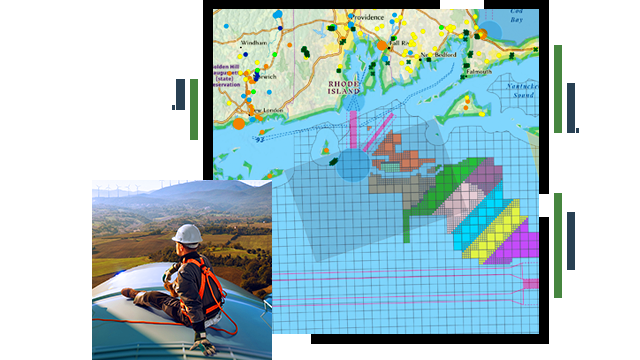 An animated grid map of the coast of Rhode Island with areas of the water marked in different colors, and a field worker sitting in a safety harness on a large metal barrel