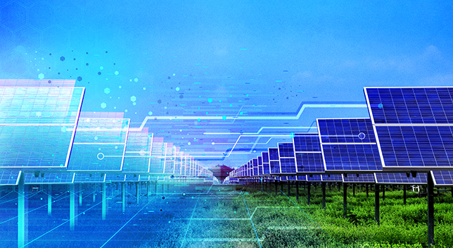 A digital representation of solar panel connection to the grid on the left and on the right actual solar panels