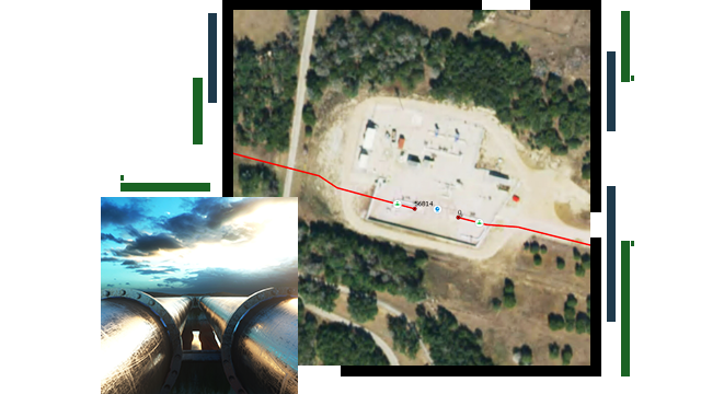 Dos tuberías que corren paralelas bajo un cielo espectacular y una imagen tomada desde un dron de la construcción de una tubería con dos líneas rojas que indican por dónde discurren las tuberías