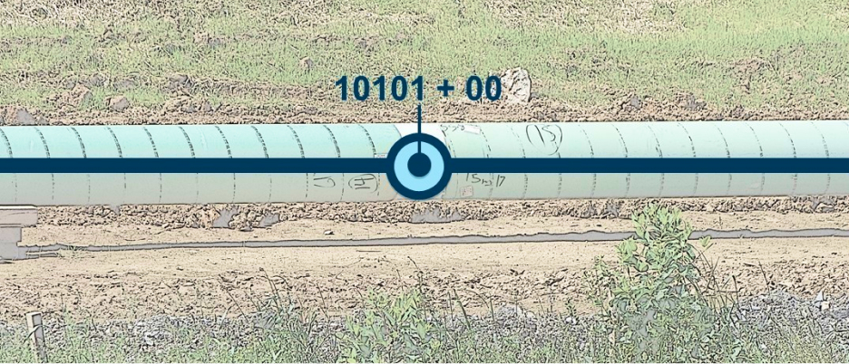A model of an above-ground pipeline overlaid with a blue line and a dot marking the middle of the line