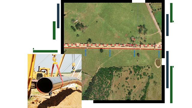 A pipeline being lifted into the air by a crane and a map of the pipeline placement