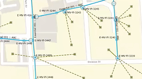 A residential asset map showing the path of a connected pipeline network overlaid with a play button