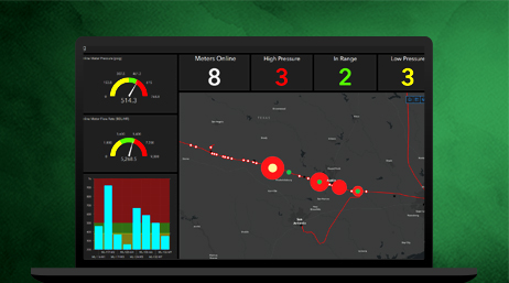 Un portátil que muestra una visualización en tiempo real y análisis con un mapa, números, mediciones y un gráfico de barras
