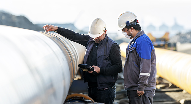 Two pipeline operators looking a tablet while inspecting a pipeline