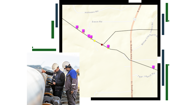 Two pipeline operators checking a pipeline, and a map with magenta icons on a lined route