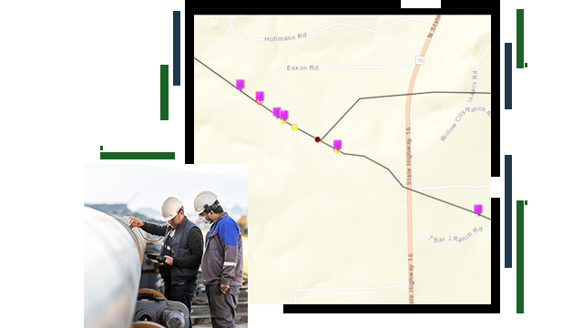 Dois operadores de pipeline verificando um pipeline e um mapa com ícones magenta em uma rota alinhada