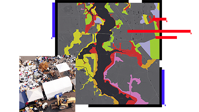 A damage assessment map with a dark section down the middle, and an aerial view of tents with bags of resources