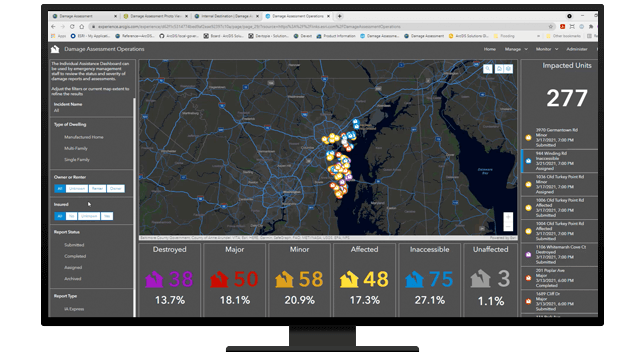A desktop computer displaying a damage assessment operations web browser with a map showing effected home locations