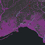 Contour map in bright magenta and gray with blue rivers, scattered with red triangular map markers