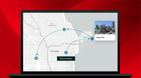 A laptop displaying a Navy pier outside of Chicago and the route of distribution or travel