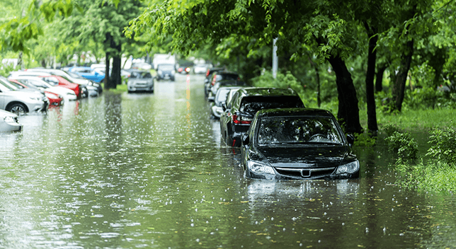 A flooded street with cars partially underwater