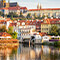 Prague, Czech Republic buildings from across a small lake on a beautiful bright day