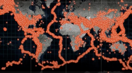 A map of the world with bright red dots everywhere