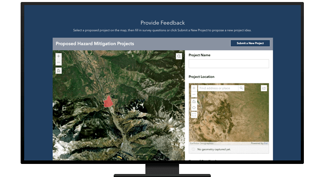 A desktop displaying a web browser with the button to begin a new project, a map with a red zone, and a “Proposed Hazard Mitigation Projects” headline