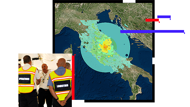 A map of Italy with a hot spot zone and a blue circle radiating out, and a tent with people wearing yellow “logistics” and “operations”