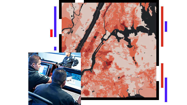 Red and orange shaded map of Manhattan, officers looking at a digital map