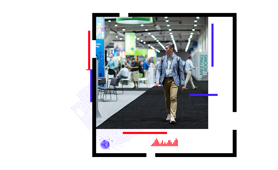 Person walking through a conference expo, city landscape 