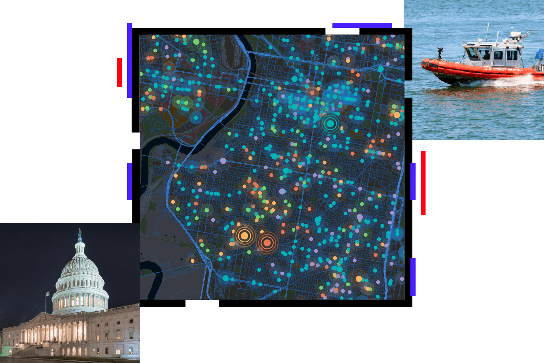 Collage with a city map scattered with glowing map points, a Coast Guard boat cruising through choppy waters, and the US Capitol building lit up under a hazy night sky