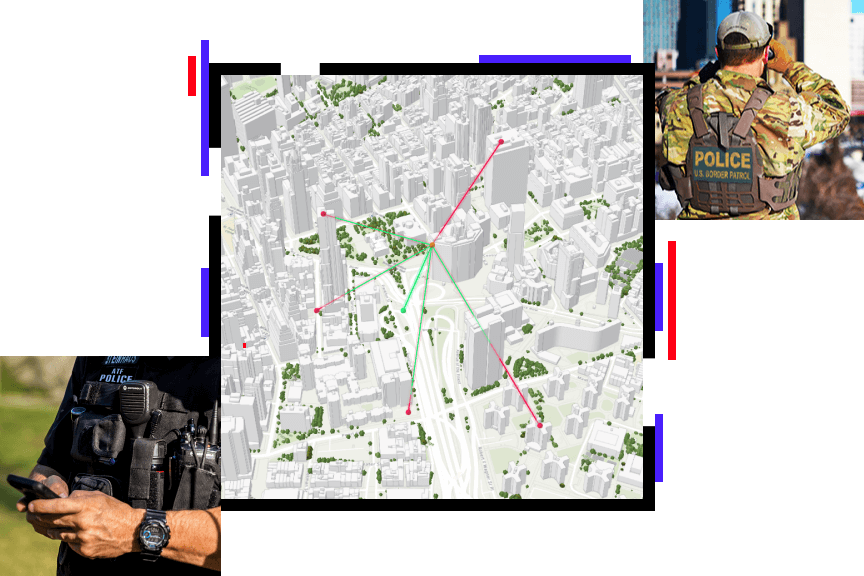 Mapa de paisaje urbano, policía sosteniendo un teléfono móvil, agente de policía