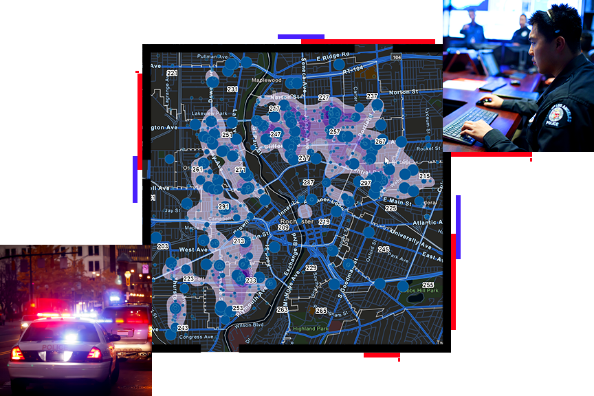 City map and two officers communicating on radios