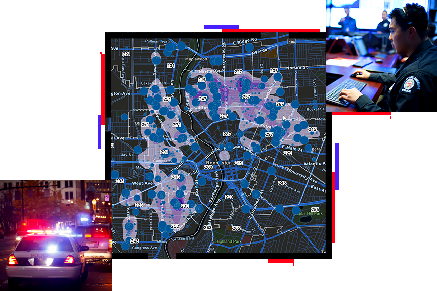 Mappa di una città e due agenti che comunicano via radio