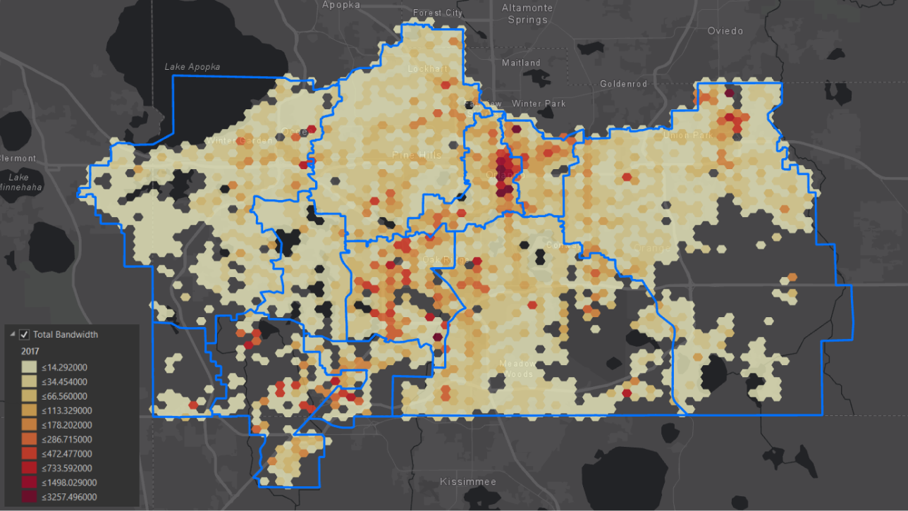 A map showing pattern recognition of best spots for broadband and low coverage areas