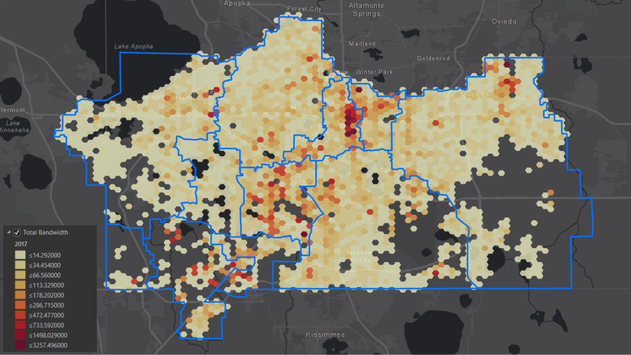 Um mapa mostrando o reconhecimento de padrões dos melhores pontos para banda larga e áreas de baixa cobertura